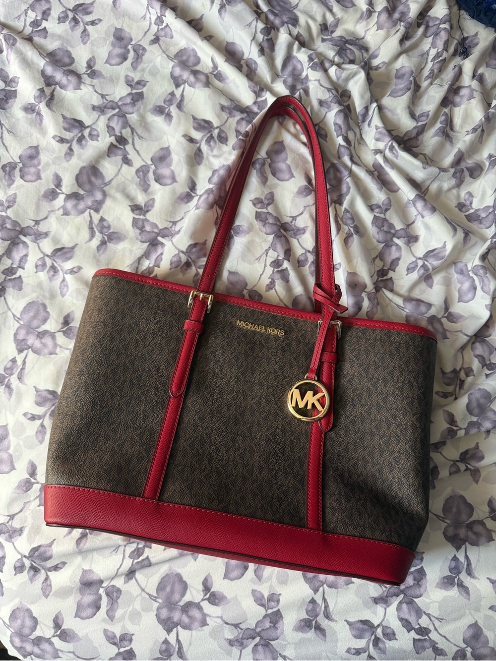 Michael Kors Brown MK Signature Tote with Red Trim and Handles